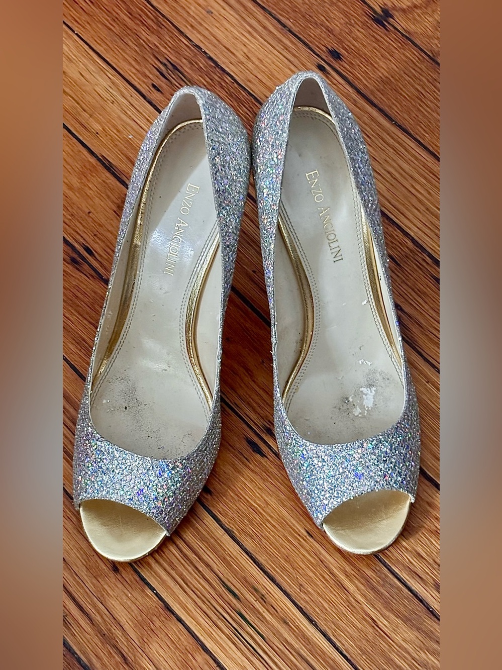 Enzo Angiolini Holographic Silver Glitter Peep-Toe Heels sz 9M